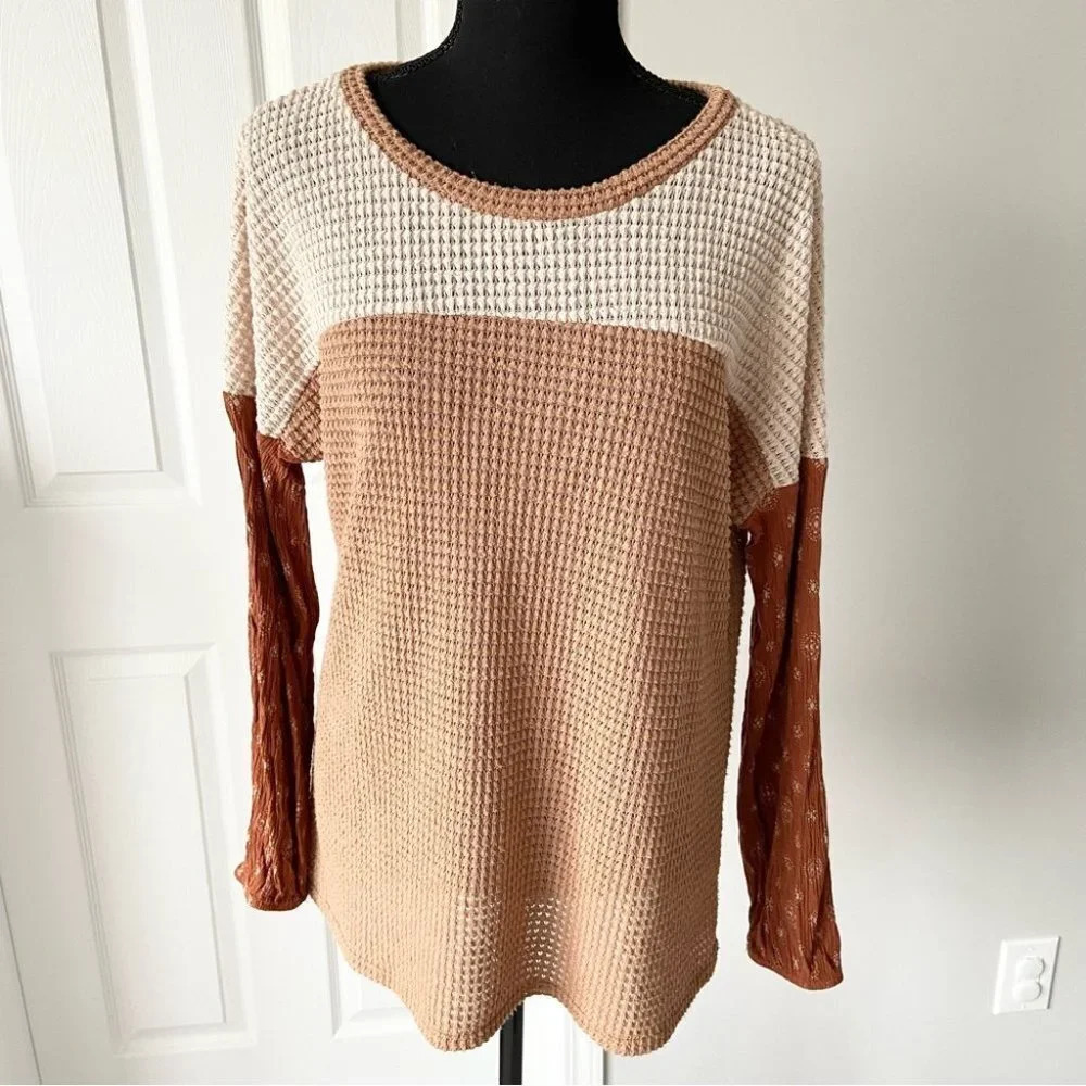 Lemon Tree Patchwork Earth Tone Long Sleeve Top